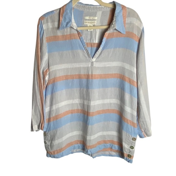 Cynthia Rowley Size Medium Pure Linen Striped Pop Over Blouse Stripes White Blue - Picture 1 of 7